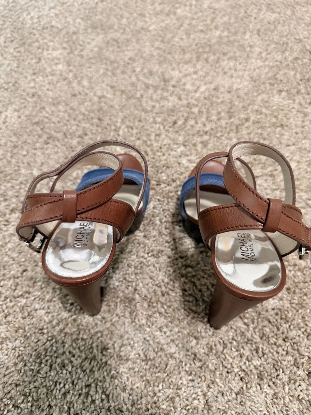 Michael Kors Brown Leather Sandal with Navy Front Band
